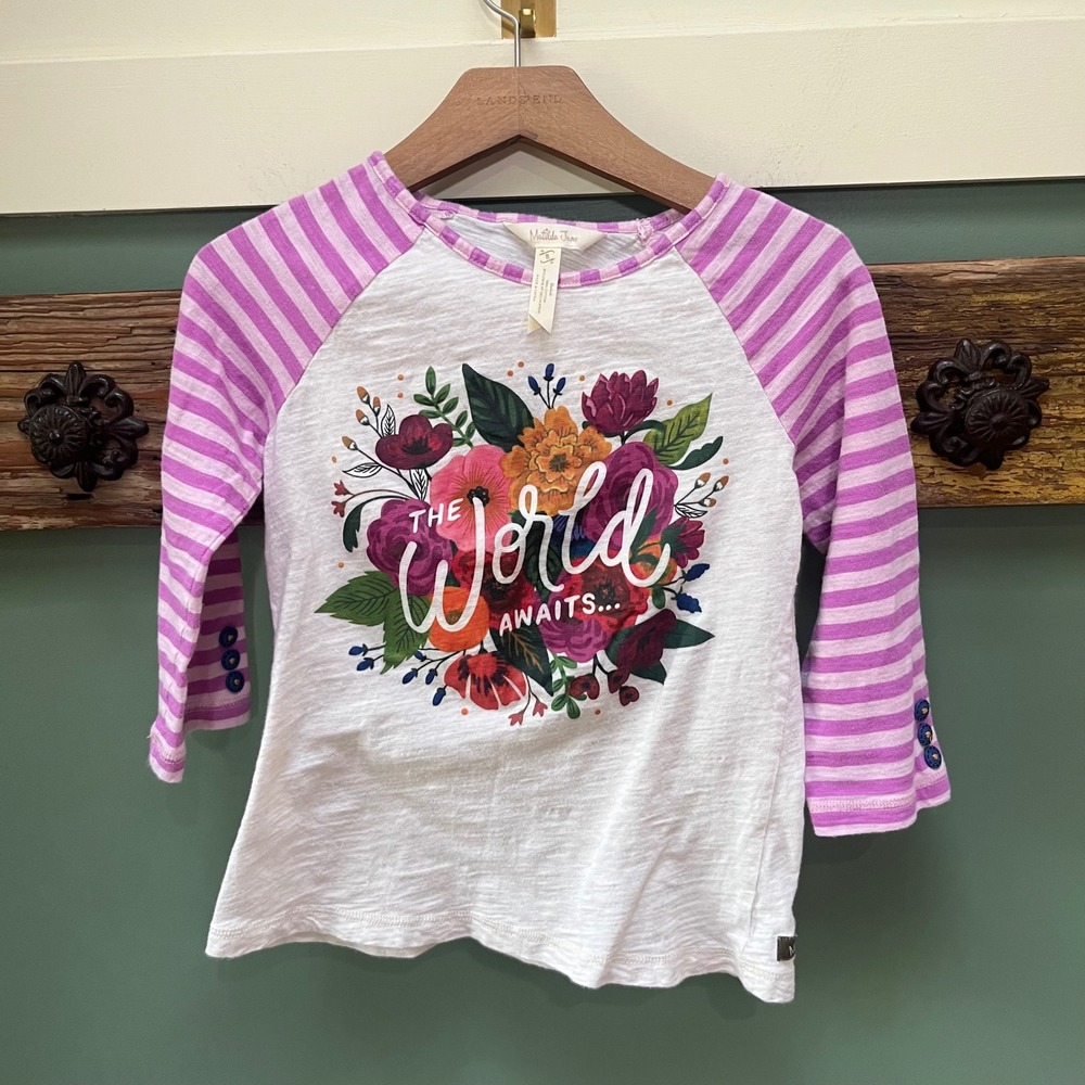 Matilda Jane Girls The World Awaits Floral Raglan Striped Sleeve Top Size 8
